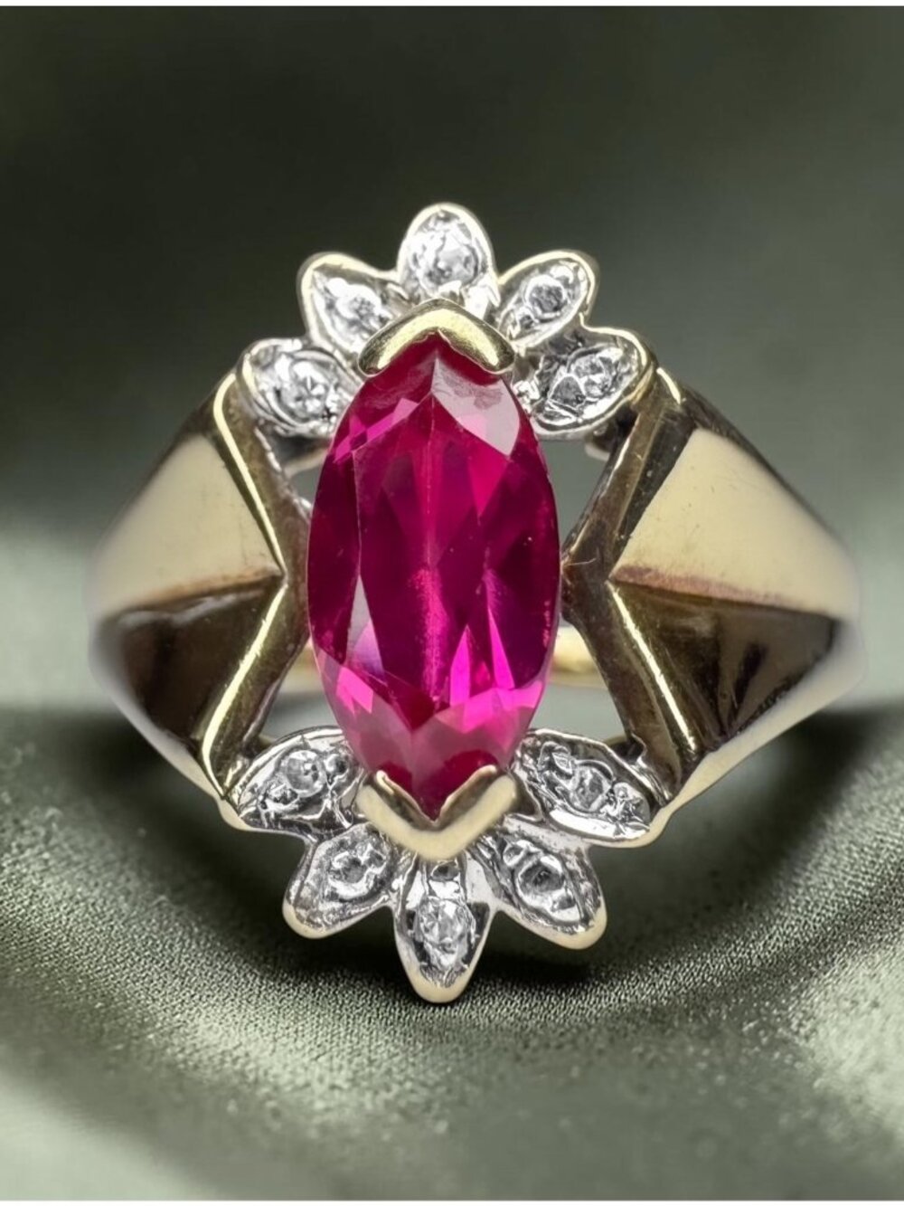 VINTAGE 10K Gold Marquise Ruby Diamond Ring Size 6 July Birthstone Flower Ring